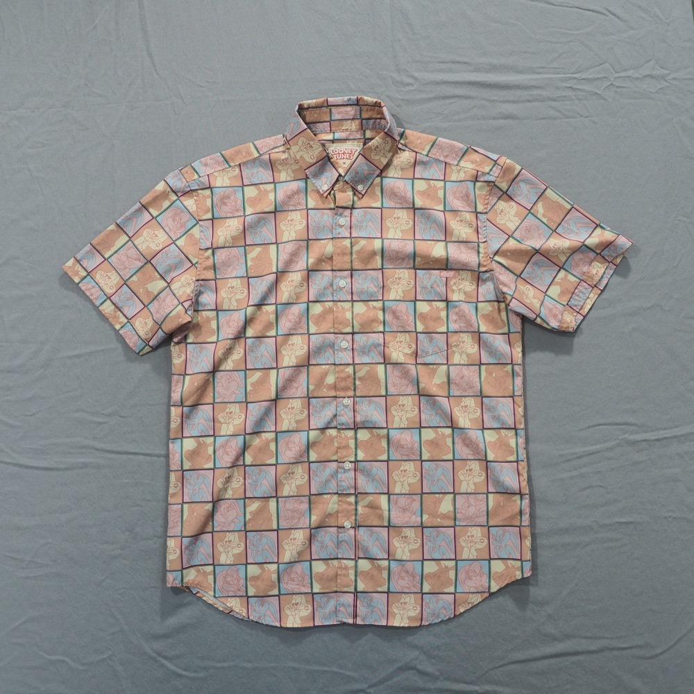 RSVLTS Looney Tunes Shirt Men Large Pink Grid KUNUFLEX Short Sleeve Button Up